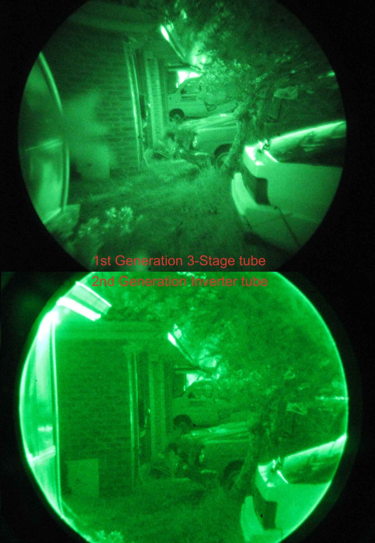 Comparison of Gen 1 vs Gen 2 night vision image quality showing resolution and noise differences